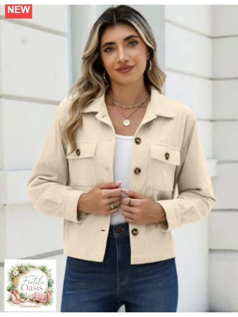 Cropped Corduroy Button Down Shacket Long Sleeve Flap Pockets